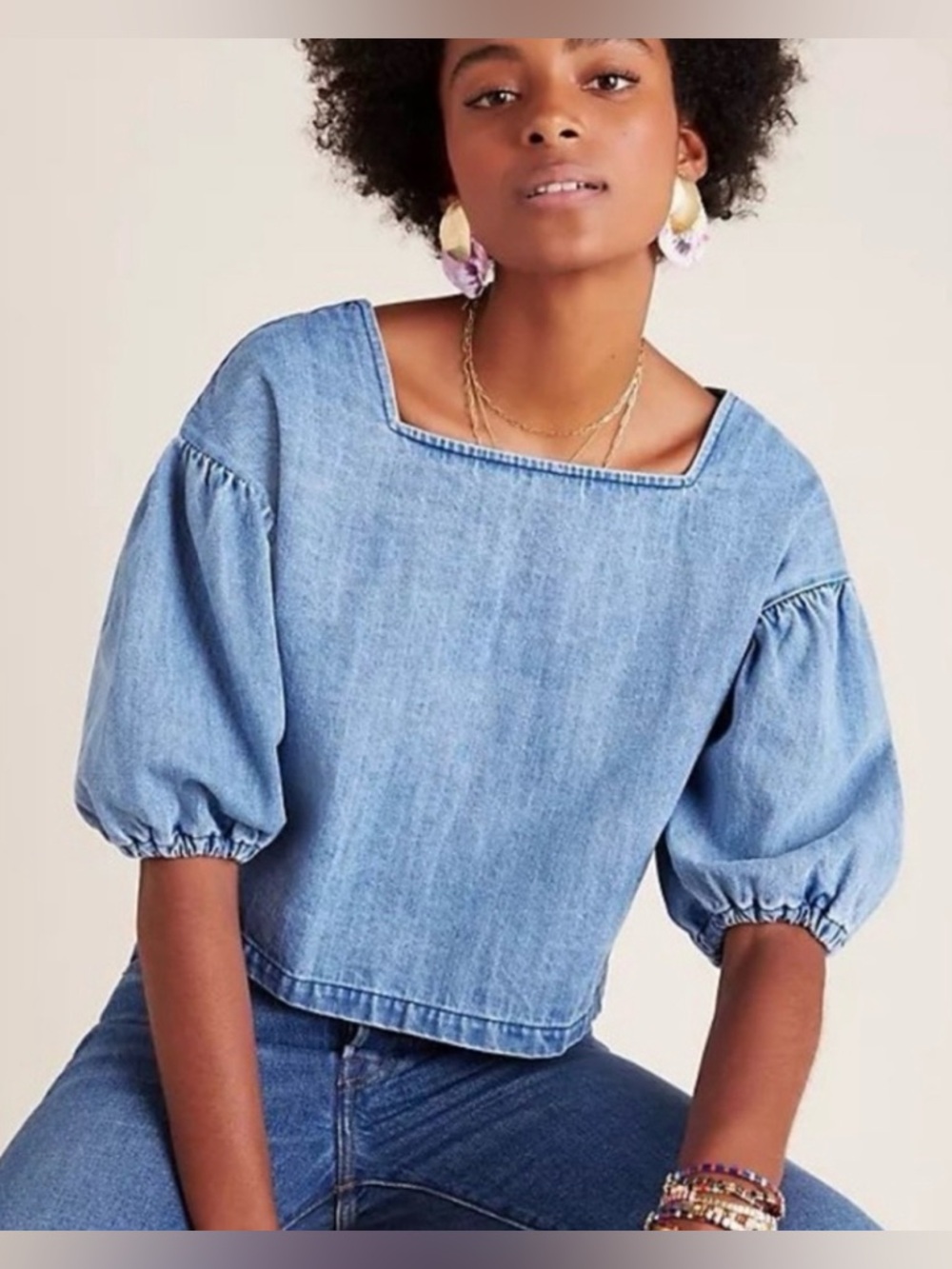 NWT The Odells Everly Button Back  Denim Top in Size L
